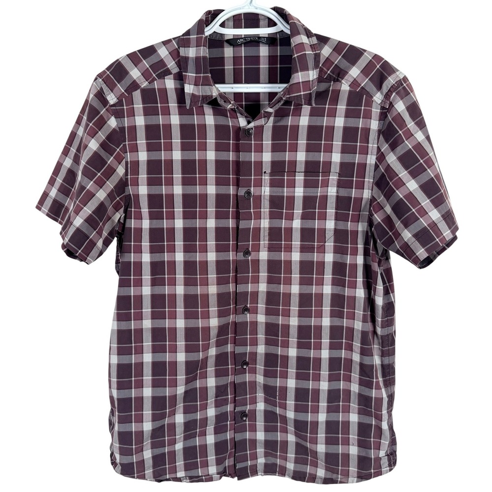 Arc'teryx Button Up Shirt Mens Small Burgundy Plaid Short Sleeve Pocket read